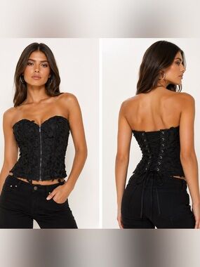 Black Lace Corset Bustier Top Lace-Up Back Boned Structured Strapless Top